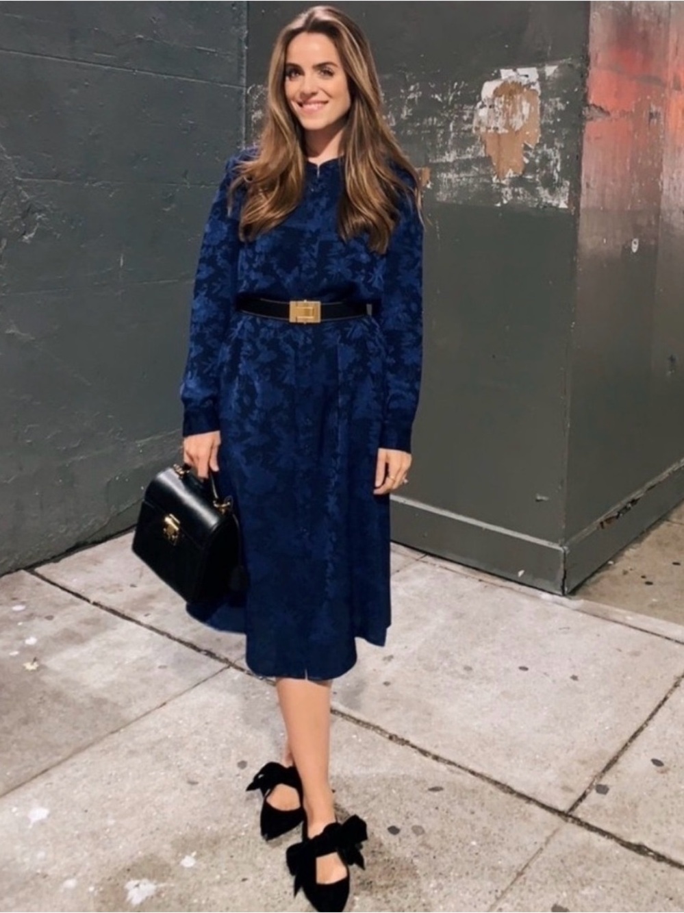 Gal Meets Glam Navy Floral Jacquard Belted Midi Dress